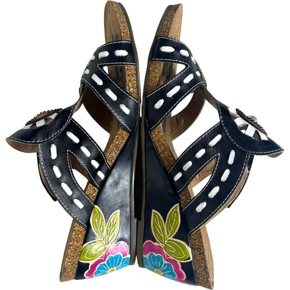 Elite by Corkys Scilly Leather Wedge Slide Sandals Black Floral Women's Size 11 - Picture 6 of 15